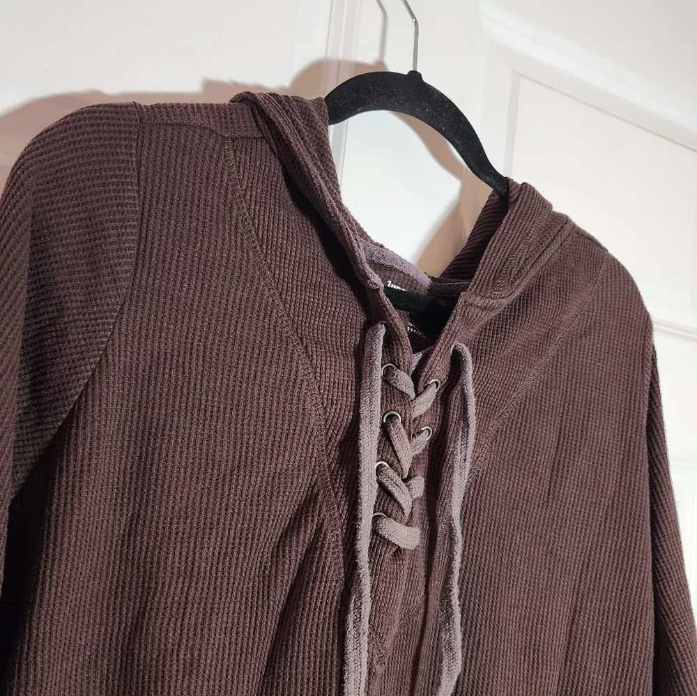 Woman Within Brown Waffle Knit Hooded Sweater with Lace-Up Detail 1X (22/24) - Picture 2 of 4